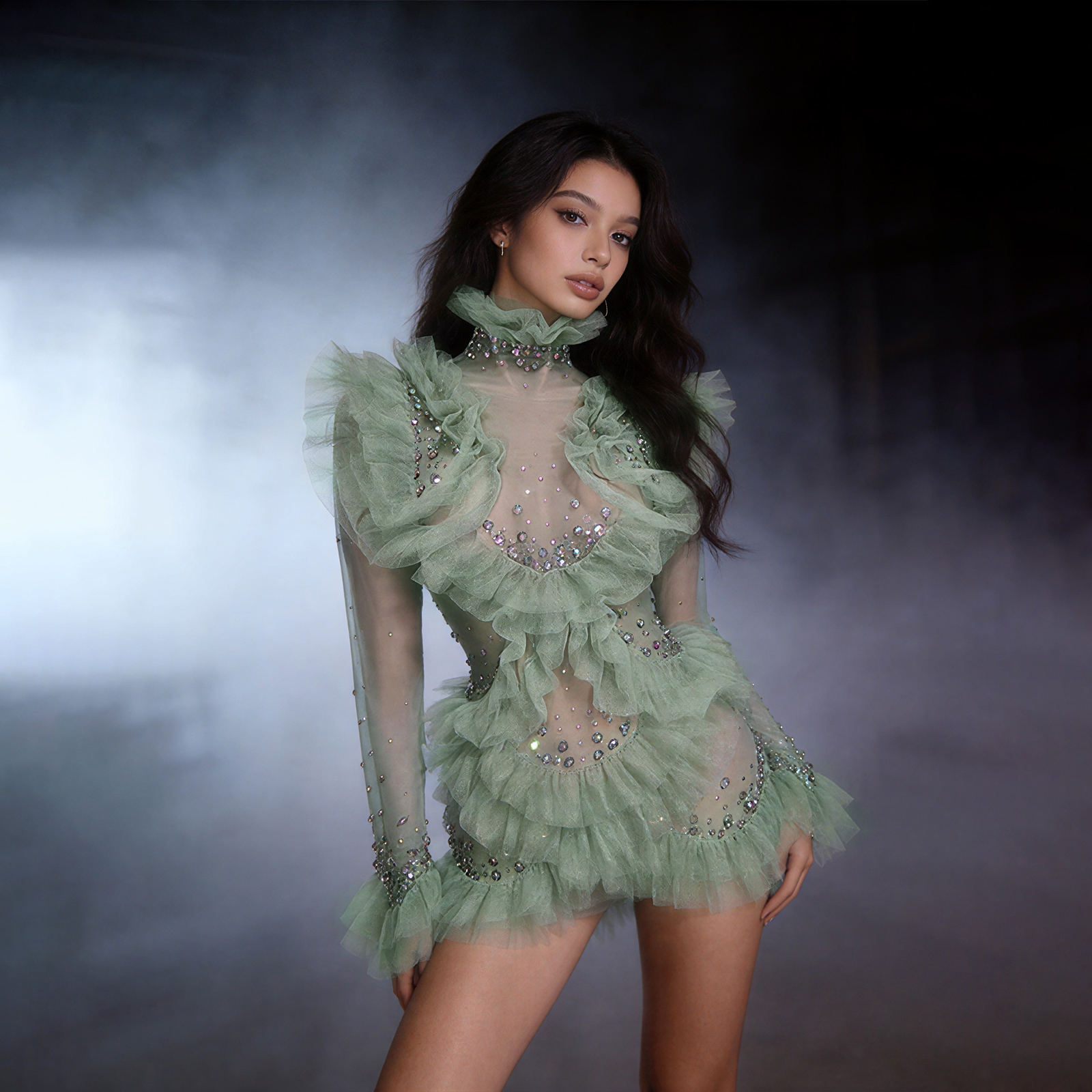 Women'S Green Formal Wear - Sage Green Mesh Ruffle Tulle Mini