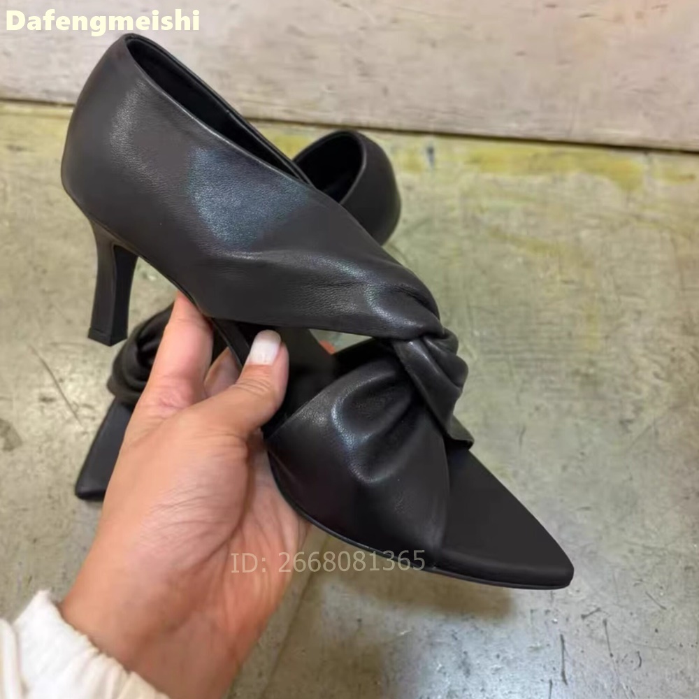 Kitten Heel Women - Women Black Leather Twisted Knot Sandals
