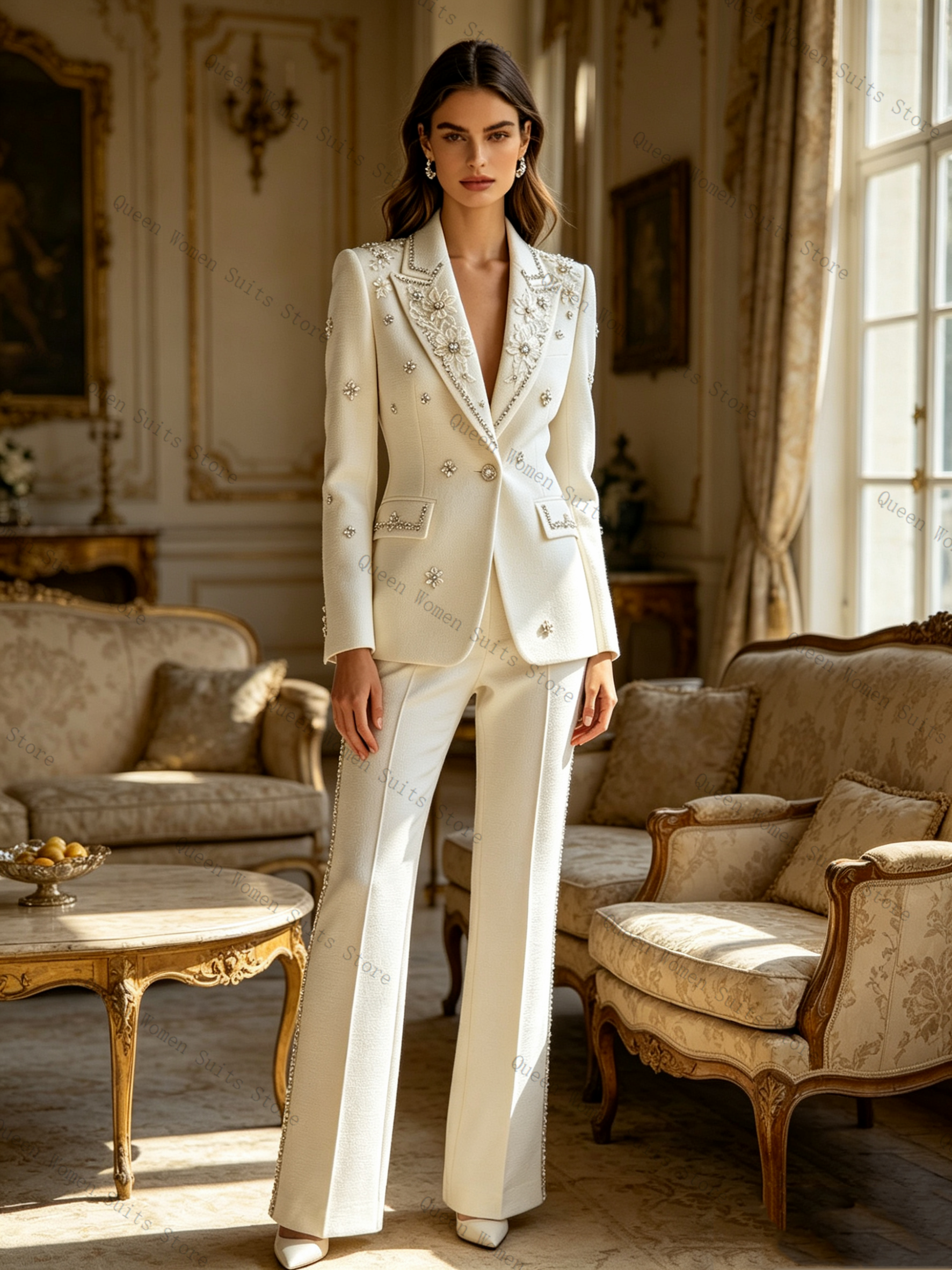 White Crystals Women Suit Set  - Women'S Formal Wear Pants Suit review and price