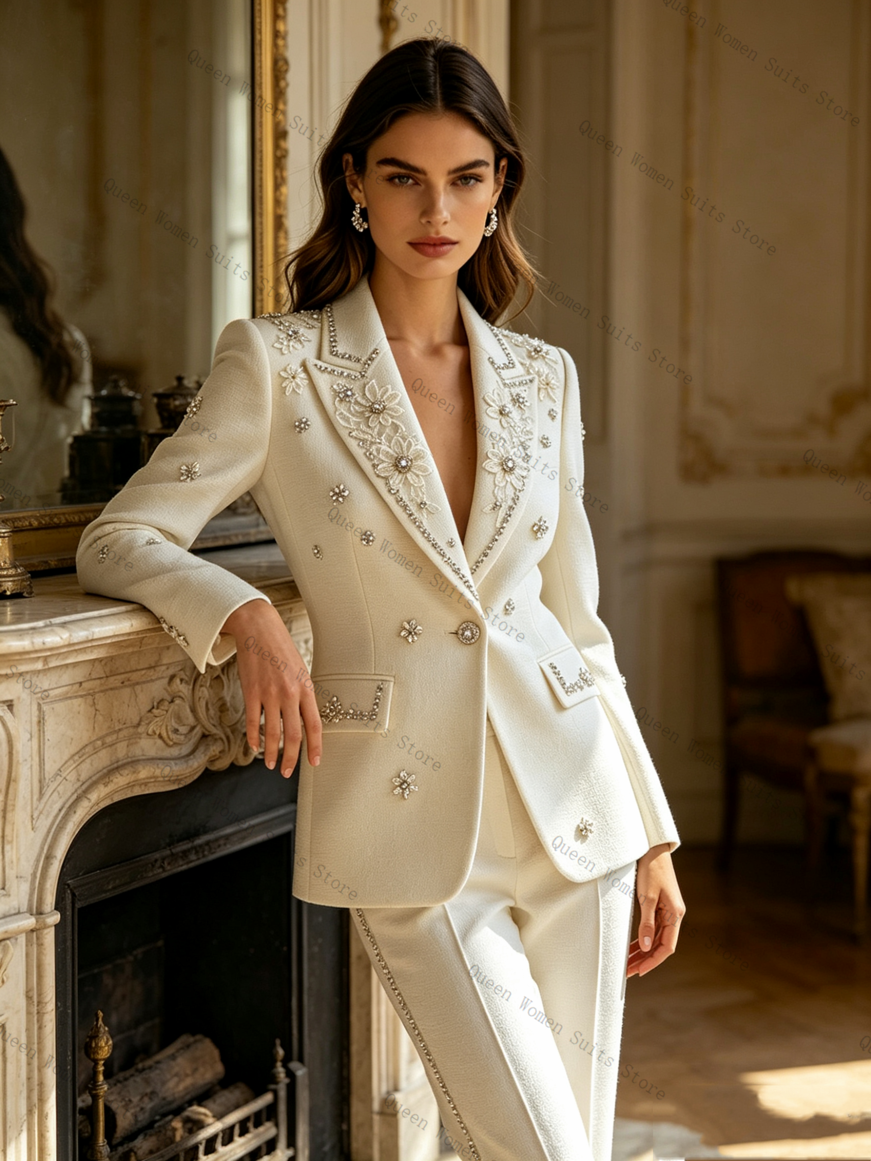 White Crystals Women Suit Set  - Women'S Formal Wear Pants Suit review and price