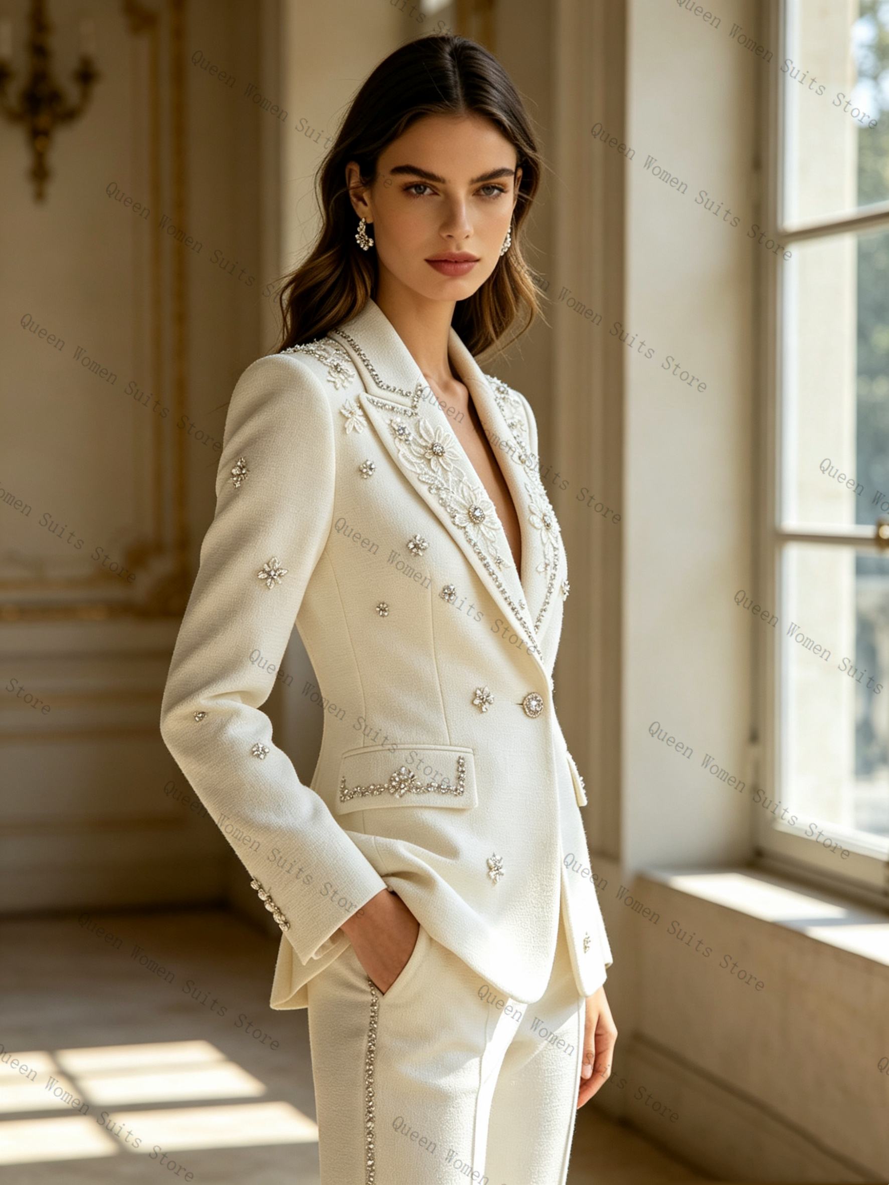 White Crystals Women Suit Set  - Women'S Formal Wear Pants Suit review and price