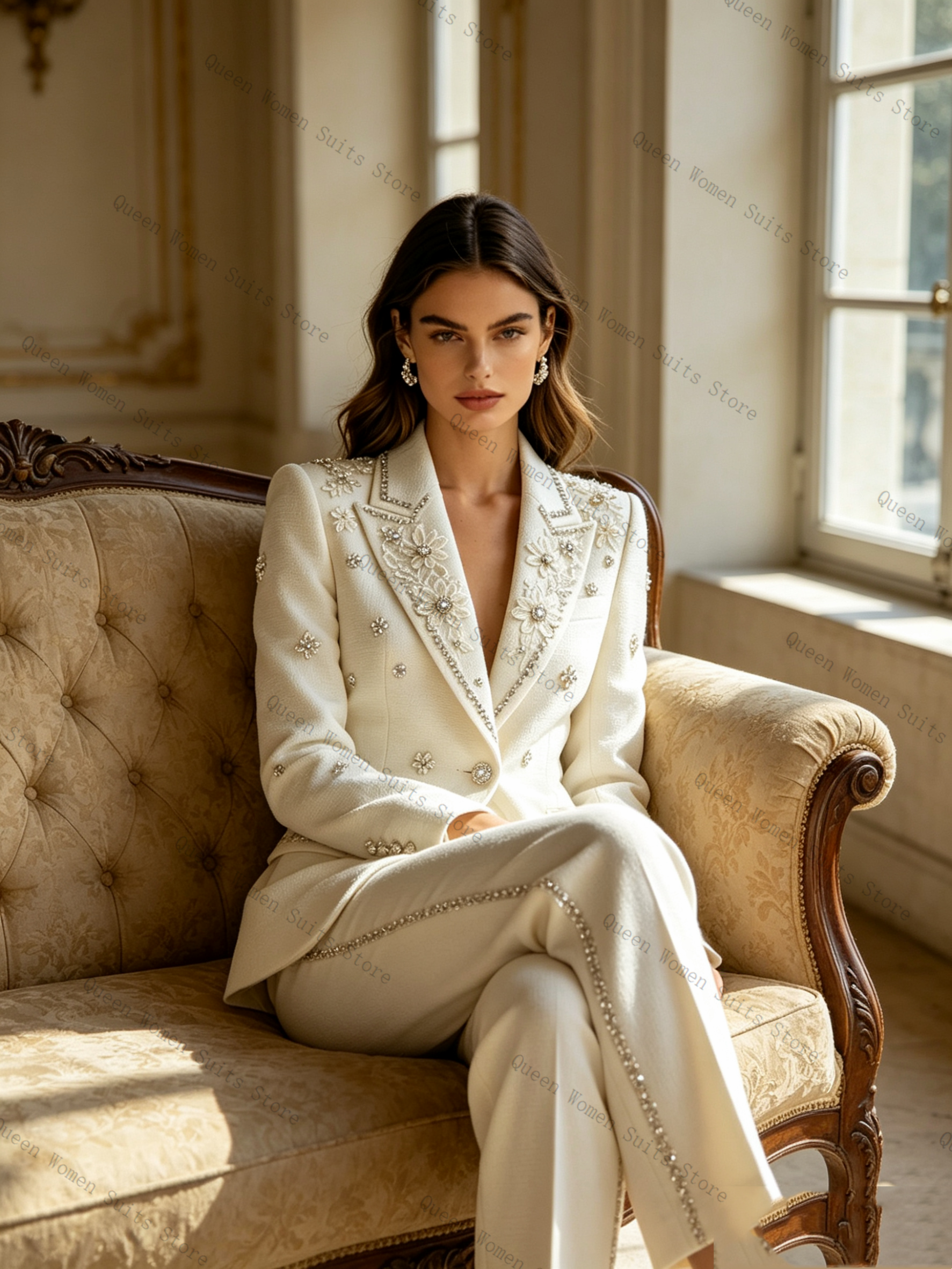 White Crystals Women Suit Set  - Women'S Formal Wear Pants Suit review and price